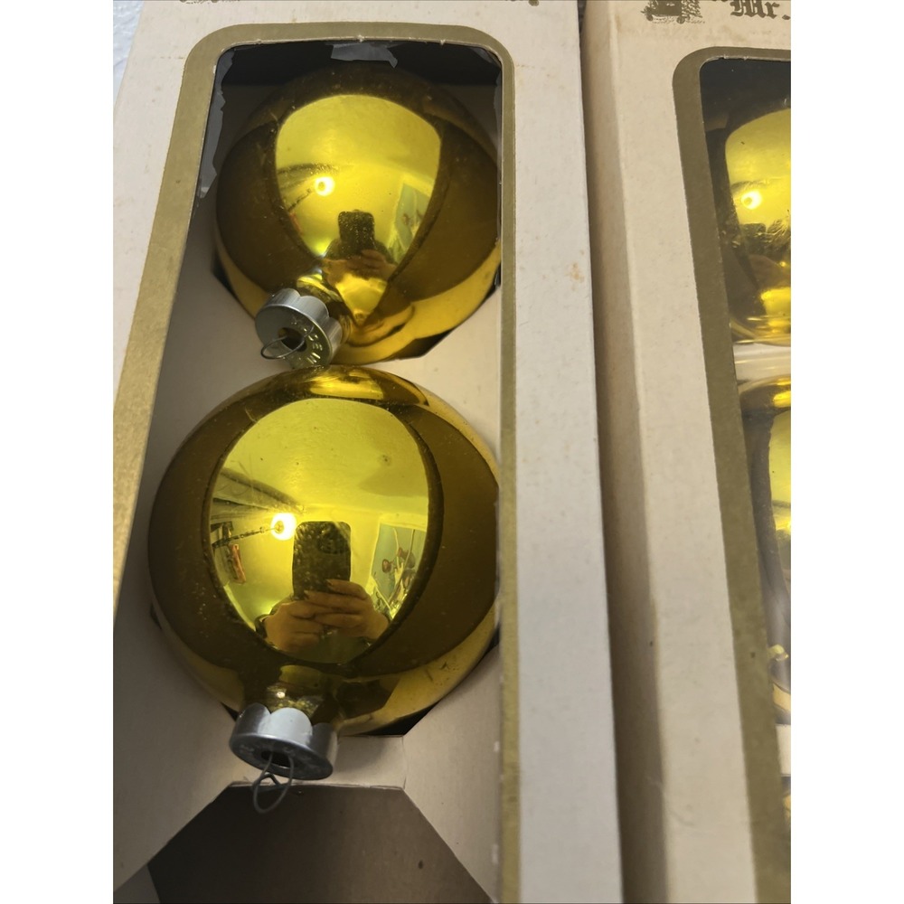 Mr Christmas 6 Gold Ball Glass Tree Ornaments 4" D‎ USA Original Box Vintage 60s - Picture 3 of 7
